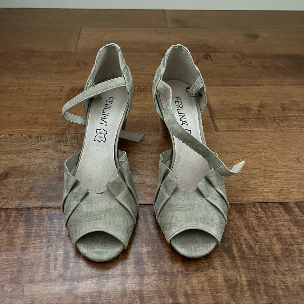 Perlina Gray Pleated Suede Ankle Strap Heels